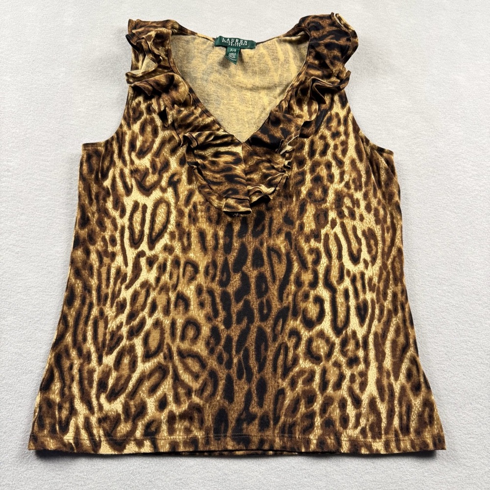 Lauren Ralph Lauren Leopard Cheetah Print Blouse Size Petite Small Ruffles Y2K